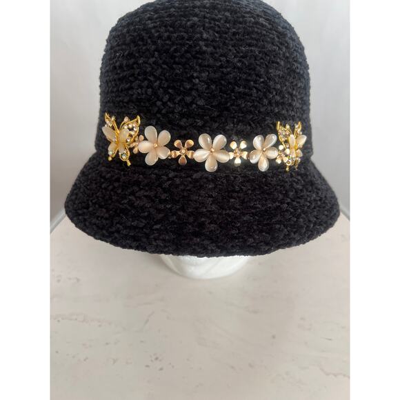 AUGUST HAT COMPANY BLACK W/ GOLD PEARL BUTTERFLY AND FLOWER EMBELLSHMENTS - Picture 2 of 10